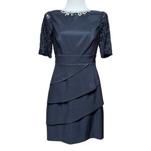 Collection Dressbarn Lace Short Sleeve Beaded Pearl Sheath Dress Black 8